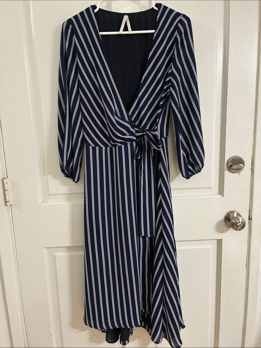Striped Navy Wrap Midi Dress with Self-Tie